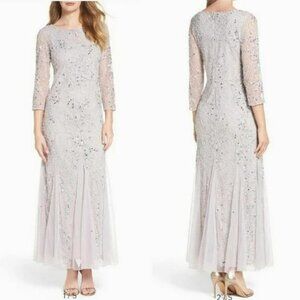 Pisarro Nights Silver Beaded Mesh Gown Sz 6 Special Occasion Wedding Guest NWT